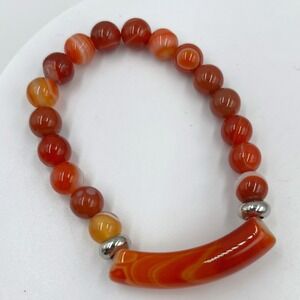 Vintage Orange Banded Agate Style Beaded Bracelet Curved Bar Accent Stretch